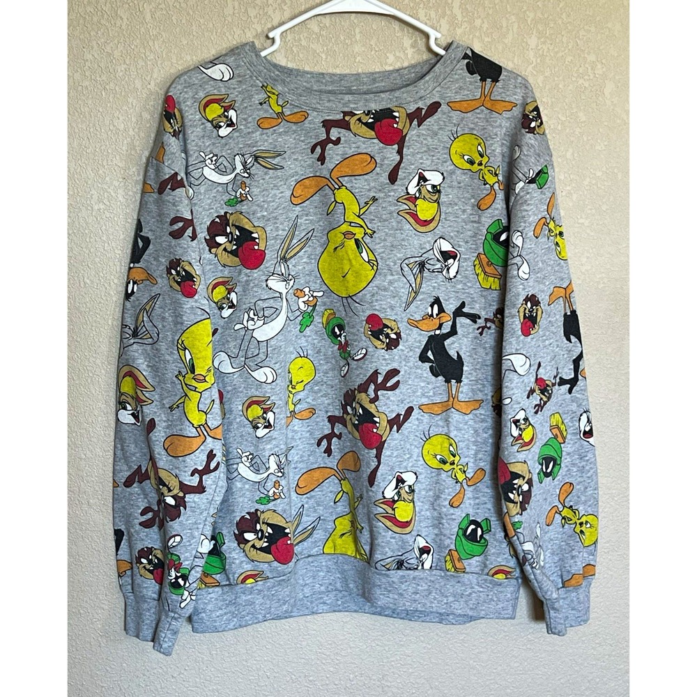 Looney Tunes Gray All-Over Character Graphic Pullover Crewneck Sweatshirt XL